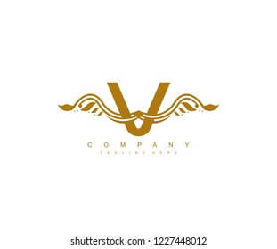Initial V Letter Linked Wing Swoosh Monogram Floral Crest Logotype