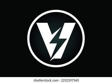 Initial V letter logo design with lighting thunder bolt. Electric bolt letter logo vector 