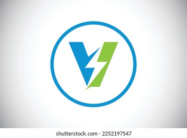 Initial V letter logo design with lighting thunder bolt. Electric bolt letter logo vector 