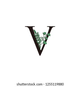 Initial V letter logo with Green Flower design 