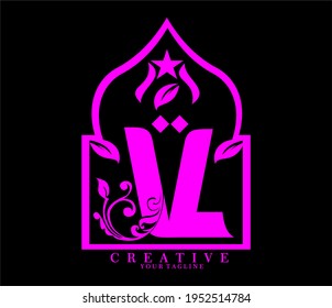 Initial V letter  luxury beauty flourishes ornament purple monogram. ramadan theme logo