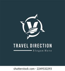 Initial V Letter with Ship Marine and Compass Icon for Travel Guide Navigation Business Logo Idea Template