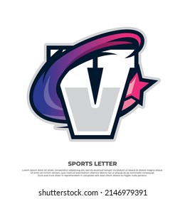 Initial V letter sport design concept with swosh star isolated on white background, esport design