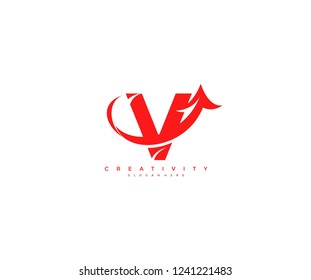 Initial V Letter Stylish Swoosh Red Up Arrow Logotype