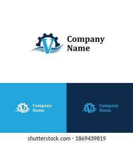 Letra inicial V para la plantilla del logotipo de la empresa de servicios y reparación, montaje y montaje de piscinas y de instalaciones acuáticas 