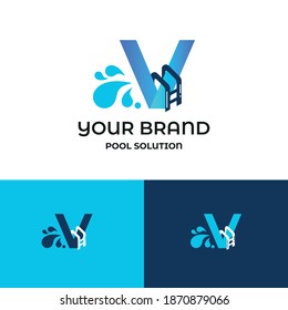 Initial v letter for swimming pools and aquatic venue repairing, setting and service company logo template