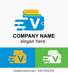 Initial v Letter with Wallet and Speed Acceleration, Online Fast Payment Simple Logo Idea. Digital Wallet Vector Concept	