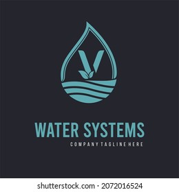 Initial V Letter  With Water Drop And Leaf For Water Drainage, Sanitation, Purified, Repair, Cleanup, Maintenance Water System Service Company Logo Vector Idea