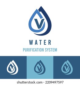 Initial v Letter with water drop icon for water purification system, natural cosmetic business logo idea	