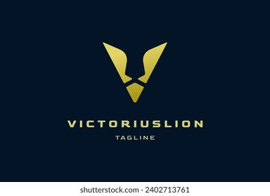 Logotipo inicial de león V, león minimalista que forma la letra V , Plantilla de diseño de logotipo de vectores planos, ilustración vectorial