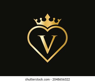 Initial V Logo With Crown and Love Shape. Heart Letter V Logo Design, Gold, Beauty, Fashion, Cosmetics Business, Spa, Salons, And Yoga Vector Luxury Concept Template