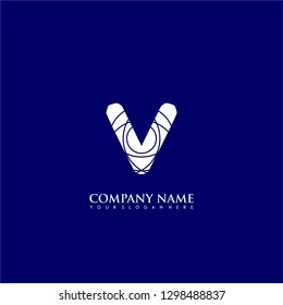 initial V logo letter with abstract circle lines pattern symbol design concept in blue background color