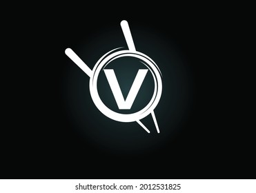 Initial V monogram alphabet in the abstract circle with Chopstick. Abstract Asian sushi bar emblem. Logo for Japanese sushi seafood business and company identity