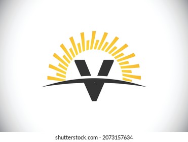 Initial V monogram alphabet with the abstract sun and swoosh. Sunburst logo sign symbol. Modern vector logo for business and company identity