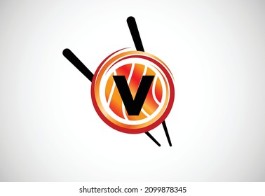 Initial V monogram alphabet in the abstract circle with Chopstick. Abstract Asian sushi bar emblem. Logo for Japanese sushi seafood business and company identity