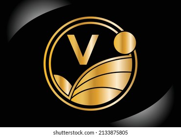 Initial V monogram alphabet with agriculture Gold color. agriculture logo design vector template. Font emblem. Modern vector logo for business.