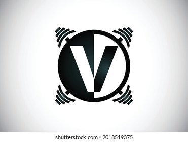 Initial V monogram alphabet with a barbell. Lifting vector logo design. Modern vector logo for bodybuilding, gym, fitness club, business, and company identity