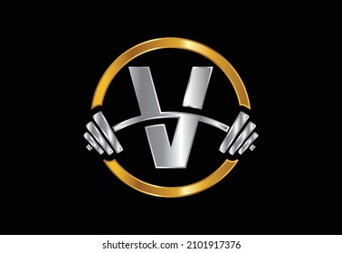 Initial V monogram alphabet with a barbell. Lifting vector logo design. Vector logo for bodybuilding