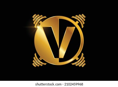 Initial V monogram alphabet with a barbell. Lifting vector logo design. Modern vector logo for bodybuilding, gym, fitness club, business, and company identity