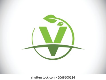 Initial V monogram alphabet with circle leaf and swoosh. Eco-friendly logo concept. Font emblem. Modern vector logo for ecological business and company identity