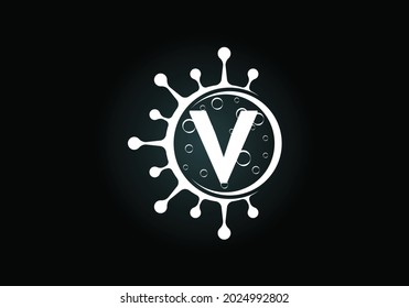 Initial V monogram alphabet with Coronavirus cells. Lab logo sign symbol design vector Illustration. Font emblem. Corona virus (Covid-19). Stop Coronavirus
