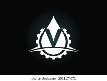 Initial V monogram alphabet with gear swoosh and oil. Oil and gas logo concept. Font emblem. Modern vector logo for petroleum business and company identity