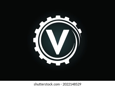 Alfabeto monograma V inicial en una espiral de engranajes. Diseño del logotipo del ingeniero de engranajes. Logotipo para automoción, mecánica, tecnológica, configuración, reparación de negocios e identidad de la empresa