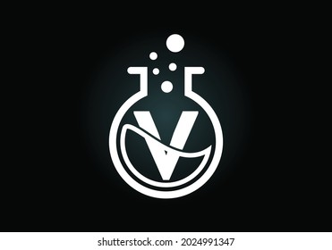 Initial V monogram alphabet with lab glass, chemical liquid, and bubbles. Lab logo design. Logo for science, and technology business and company identity