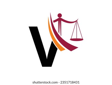 Alfabeto de monograma V inicial con símbolo de signo de escala de ley. Abogado Y Justicia, Abogado, Legal, Law Office, Escala, Plantilla De Logo