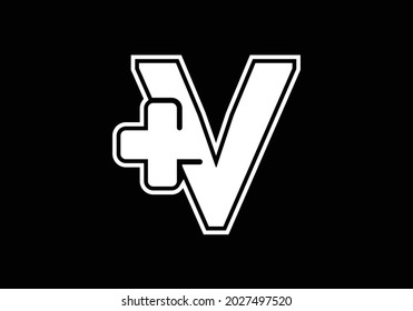 Initial V monogram alphabet with a plus logo sign white in black background. Font emblem. Modern vector logo for medical or health business, and company identity