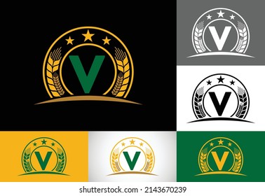 Initial V monogram alphabet symbol design incorporated with Wheat, barley, or rye. Agriculture logo concept. Logo for agriculture business and company identity