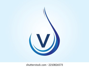 Initial V monogram alphabet with water drop in a spiral. Waterdrop logo design vector template. Font emblem. 