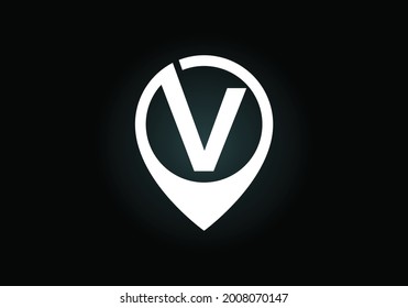 Initial V monogram letter alphabet with location icon pin sign. Font emblem. Navigation map, GPS, direction, place, compass, contact, search concept. Modern vector logo design for business and company