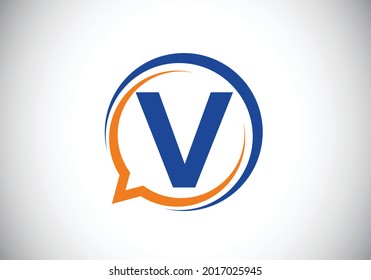 Initial V monogram letter alphabet with a bubble chat icon. Talking, chatting logo concept. Modern logo design for a consultancy business, and company identity.