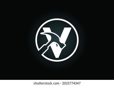 Initial V monogram letter alphabet with a Hammer. Repair, renovation, and construction logo. Modern vector logo for construction business, and company identity