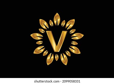 Initial V monogram letter alphabet with leaf wreath. Golden leaf, flower logo design concept. Modern vector logo design for business, and company identity.