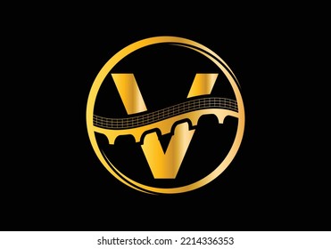 Alfabeto inicial de la letra en monograma V con signo de puente. Plantilla de diseño del logotipo del puente abstracto. Logo vectorial moderno para el negocio de la construcción.