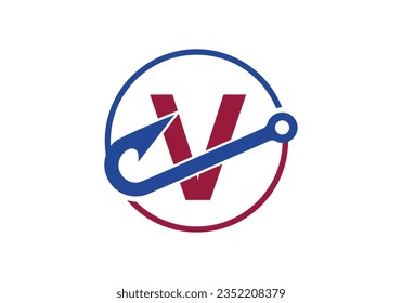 Initial V monogram letter alphabet with fishing Hook. Fishing logo concept vector illustration