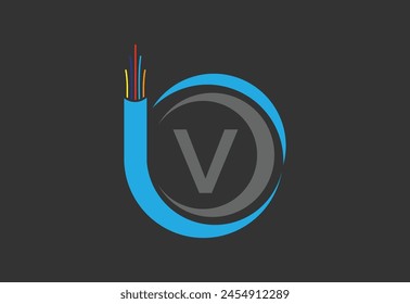 Initial V monogram letter alphabet with electric wire, optical fiber cable.