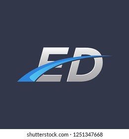 Initial vector letter ED logo designs, overlapping movement blue swoosh logo, metalic silver blue color on dark blue background