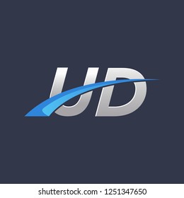 Initial vector letter UD logo designs, overlapping movement blue swoosh logo, metalic silver blue color on dark blue background