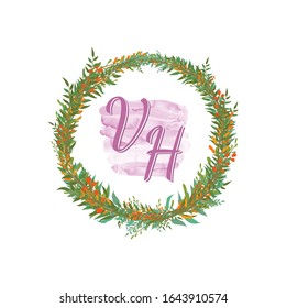 Initial VH Letter Uppercase Characters inside Wreath Floral Logo Design