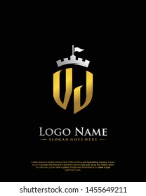 initial VJ letter with shield style logo template vector