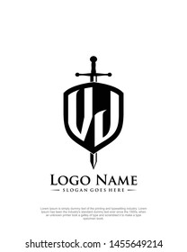 initial VJ letter with shield style logo template vector