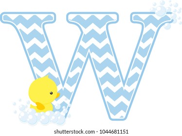 initial w with bubbles and little baby rubber duck isolated on white background. can be used for baby boy birth announcements, nursery decoration, party theme or birthday invitation