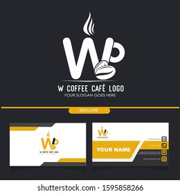 Initial W Coffee Cafe Equipment Simple and Minimalist Logo Template with a Pack of Business Card Application on Black Background