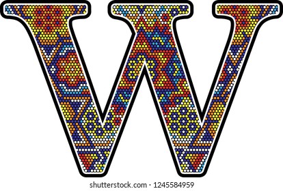 initial w with colorful dots abstract design with mexican huichol art style 