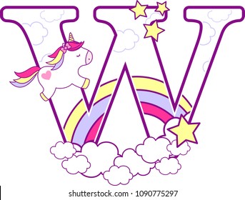 initial w with cute unicorn and rainbow. can be used for baby birth announcements, nursery decoration, party theme or birthday invitation. Design for baby and children