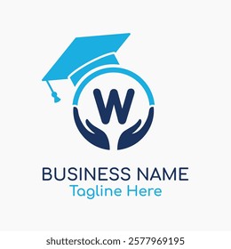 Initial W Education Logo with Graduation Logo. School Education Care and Hand Logo Concept. Student Help Logo Design Vector