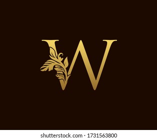 Initial W Gold Leaf Logo Design . Graceful style.  Vintage drawn emblem for book design, wedding ornament, brand name, letter stamp, Restaurant, Boutique, Hotel.  